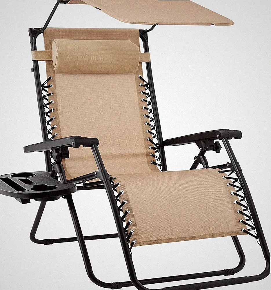 Beige Zero Gravity Recliner with Canopy, Headrest & Accessory Tray