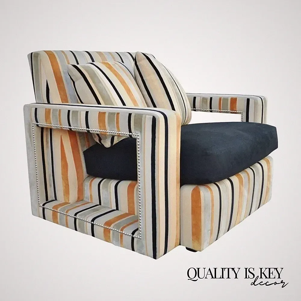 Hollywood Regency Modern Striped Upholstered Wide Lounge Club Movie Arm Chair