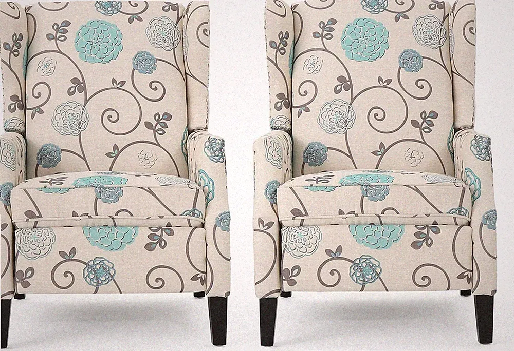 Light Beige Floral Recliner Set of 2 with Dark Brown Accents