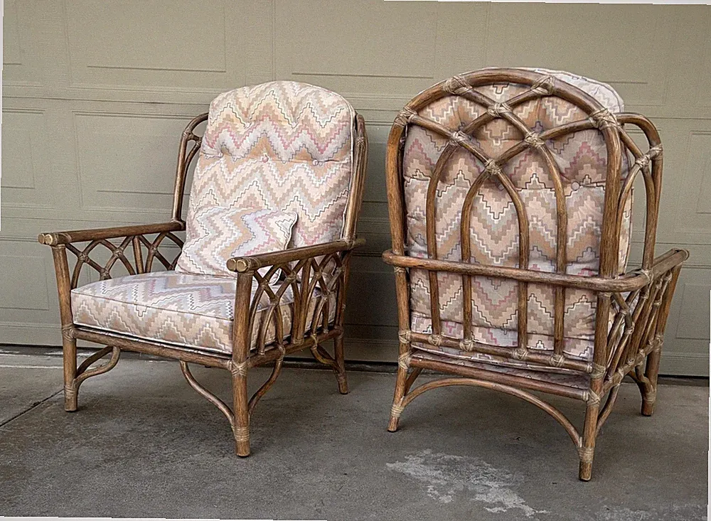 Pair McGuire pickled cerused rattan wing back lounge club chairs Hollywood glam