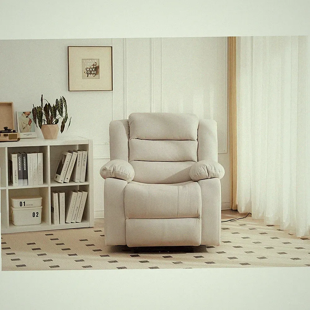 Pemberly Row Contemporary Fabric Power Recliner With USB in Beige