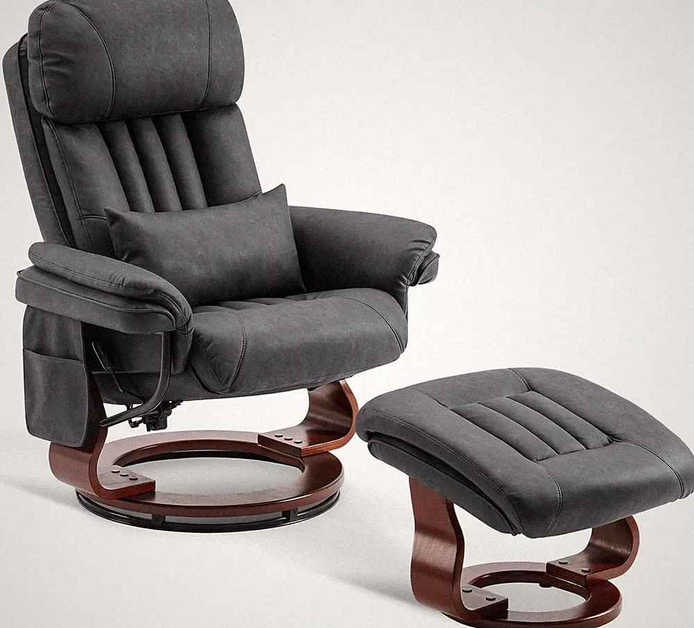 Swivel Recliner & Ottoman with Massage - Dark Grey Chenille Fabric