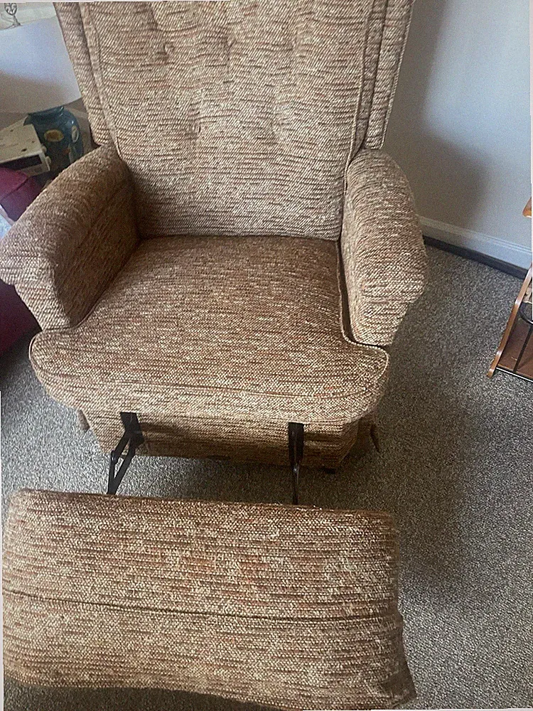 Vintage Brown Fabric Recliner Armchair, High Back, Adjustable, With Cushions